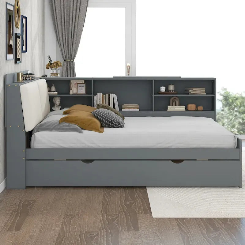 Wooden Storage Daybed Frame, Modern Platform Bed with Trundle & Upholstered Headboard & Shelves, No Box Spring Needed