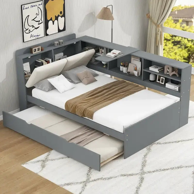 Wooden Storage Daybed Frame, Modern Platform Bed with Trundle & Upholstered Headboard & Shelves, No Box Spring Needed