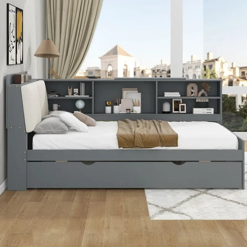 Wooden Storage Daybed Frame, Modern Platform Bed with Trundle & Upholstered Headboard & Shelves, No Box Spring Needed