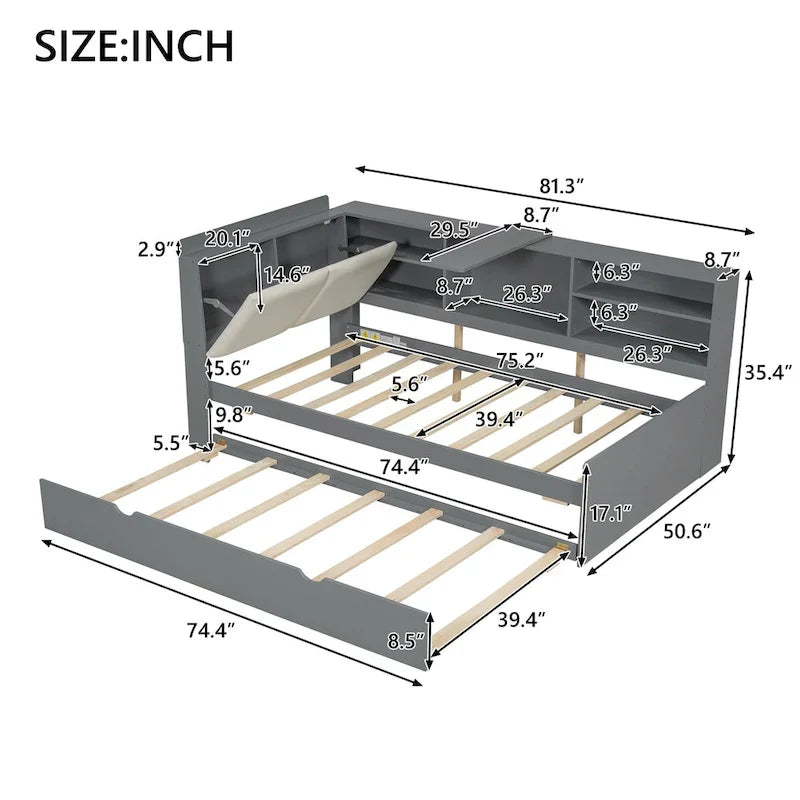 Wooden Storage Daybed Frame, Modern Platform Bed with Trundle & Upholstered Headboard & Shelves, No Box Spring Needed