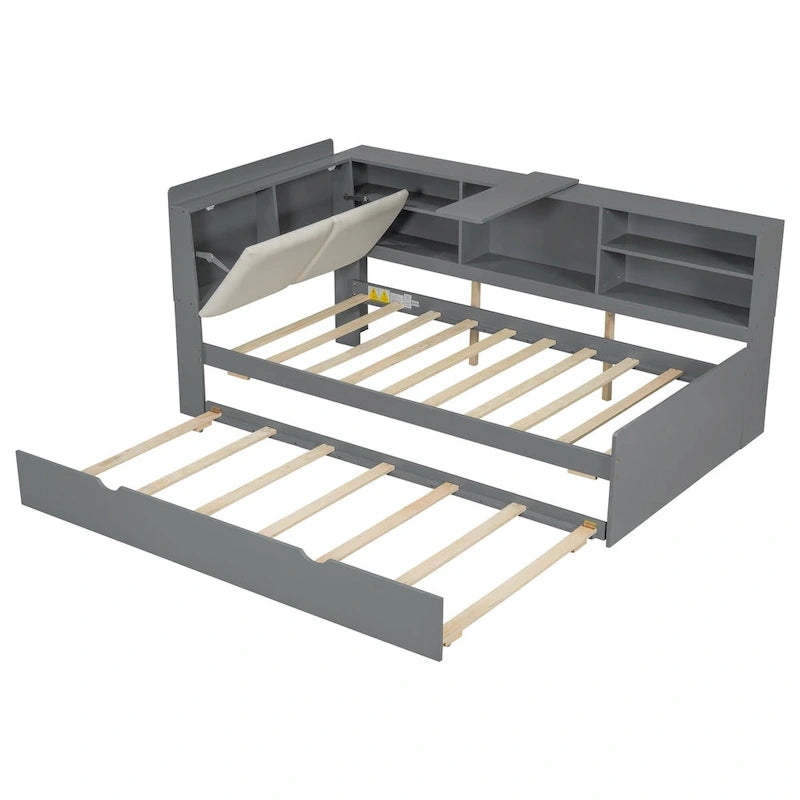 Wooden Storage Daybed Frame, Modern Platform Bed with Trundle & Upholstered Headboard & Shelves, No Box Spring Needed