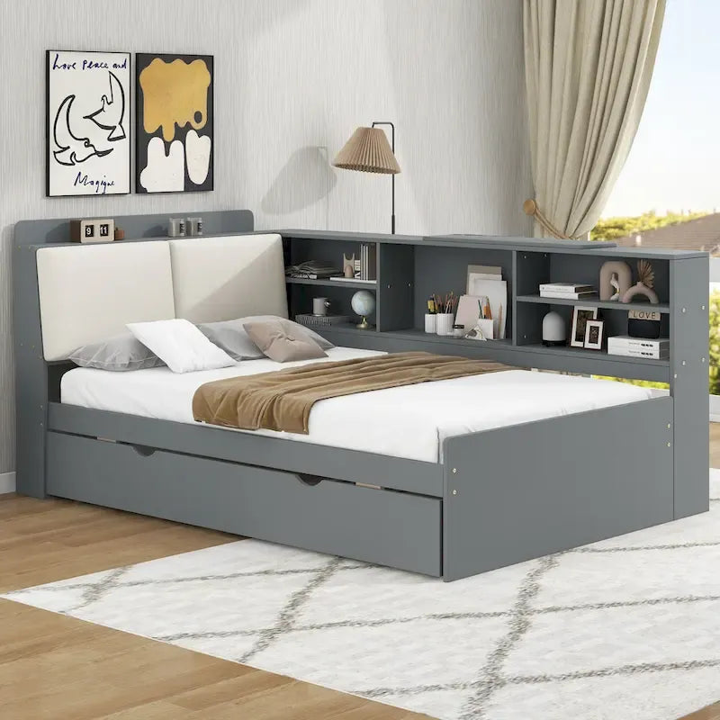 Wooden Storage Daybed Frame, Modern Platform Bed with Trundle & Upholstered Headboard & Shelves, No Box Spring Needed