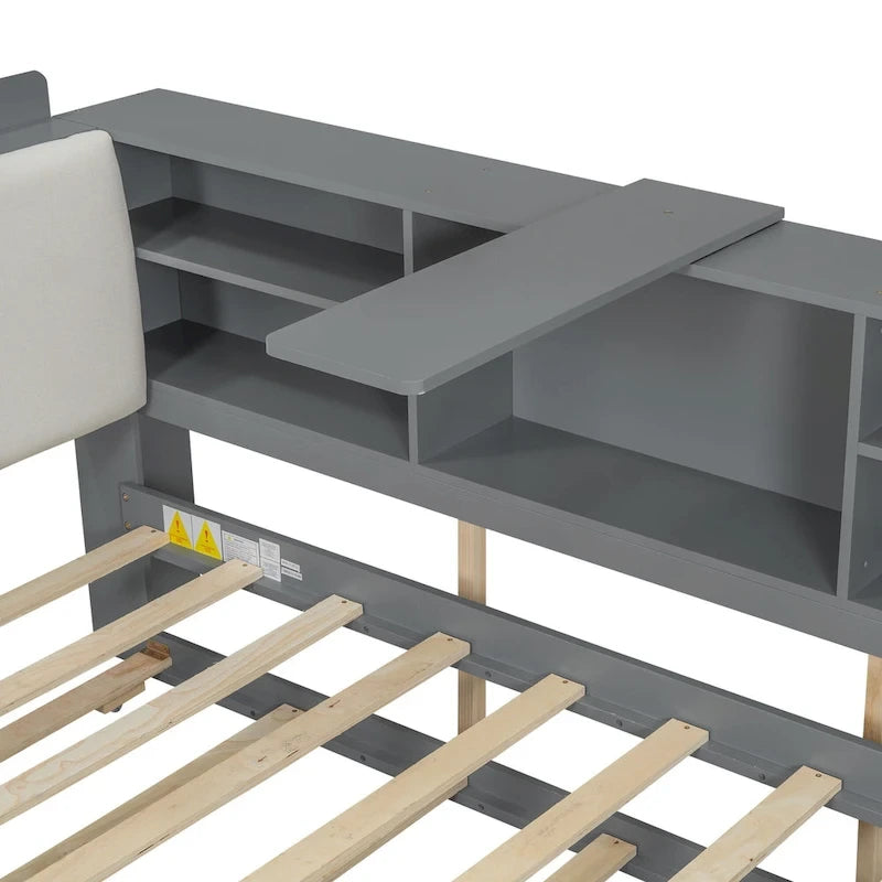 Wooden Storage Daybed Frame, Modern Platform Bed with Trundle & Upholstered Headboard & Shelves, No Box Spring Needed