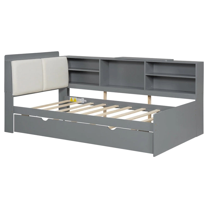 Wooden Storage Daybed Frame, Modern Platform Bed with Trundle & Upholstered Headboard & Shelves, No Box Spring Needed