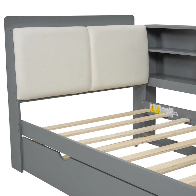 Wooden Storage Daybed Frame, Modern Platform Bed with Trundle & Upholstered Headboard & Shelves, No Box Spring Needed