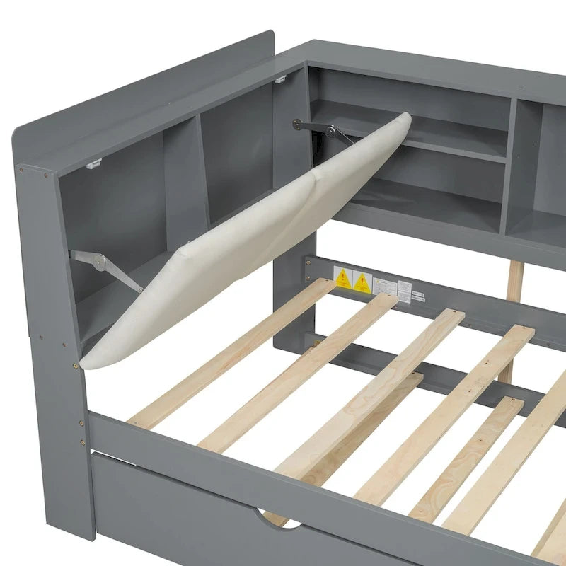 Wooden Storage Daybed Frame, Modern Platform Bed with Trundle & Upholstered Headboard & Shelves, No Box Spring Needed