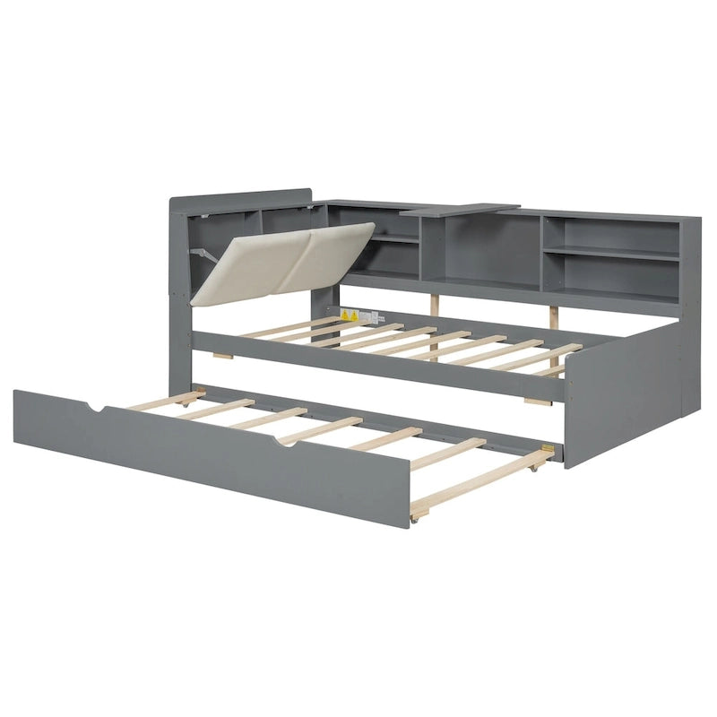 Wooden Storage Daybed Frame, Modern Platform Bed with Trundle & Upholstered Headboard & Shelves, No Box Spring Needed