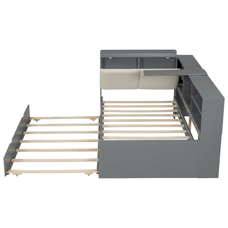 Wooden Storage Daybed Frame, Modern Platform Bed with Trundle & Upholstered Headboard & Shelves, No Box Spring Needed