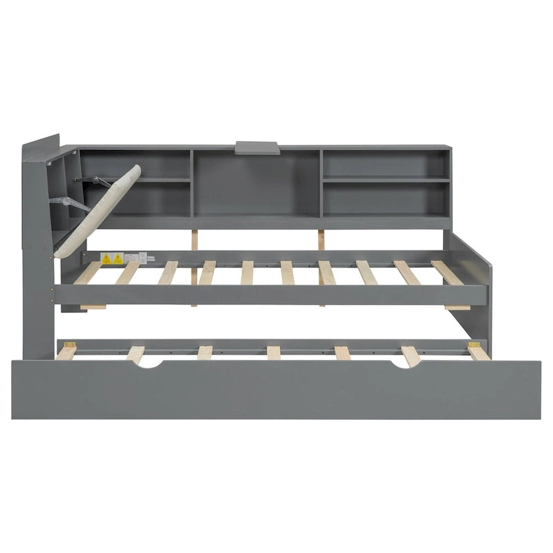 Wooden Storage Daybed Frame, Modern Platform Bed with Trundle & Upholstered Headboard & Shelves, No Box Spring Needed