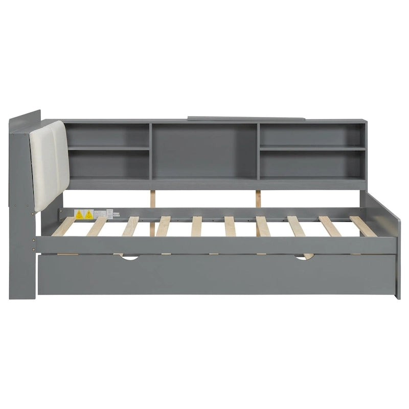 Wooden Storage Daybed Frame, Modern Platform Bed with Trundle & Upholstered Headboard & Shelves, No Box Spring Needed