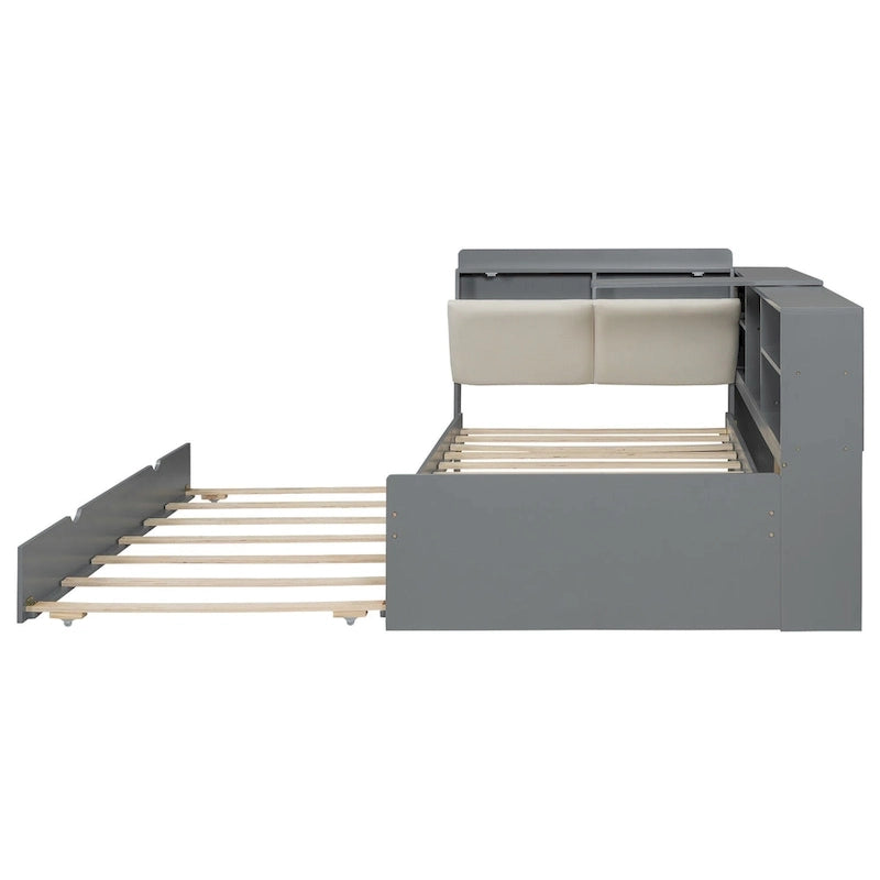 Wooden Storage Daybed Frame, Modern Platform Bed with Trundle & Upholstered Headboard & Shelves, No Box Spring Needed