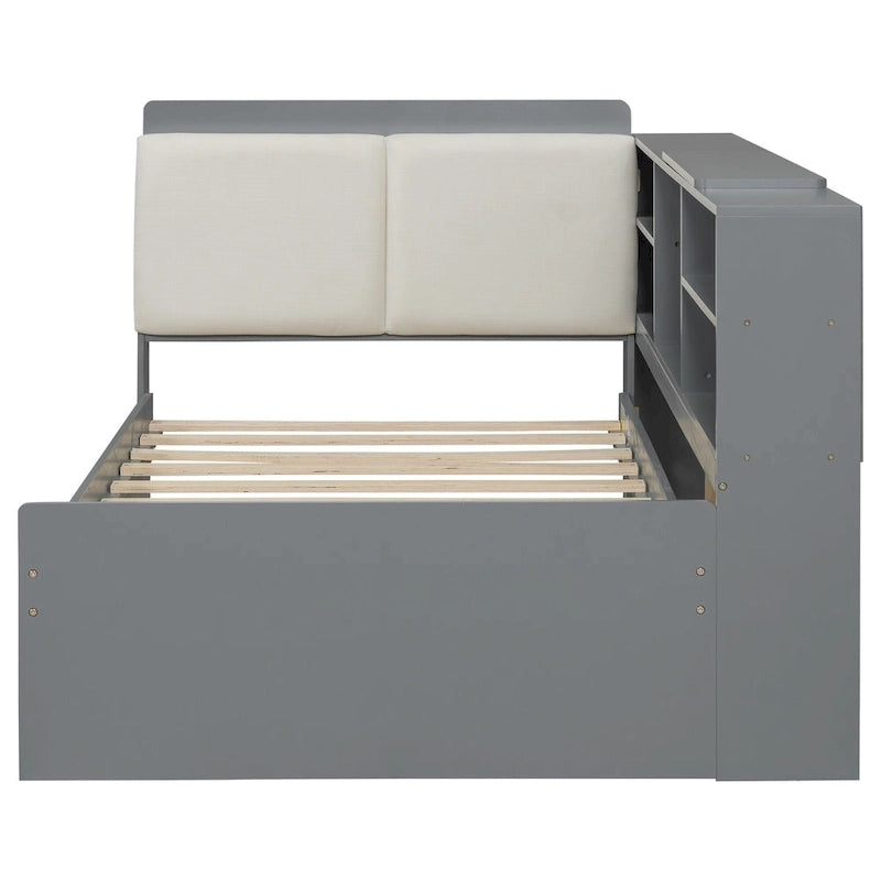 Wooden Storage Daybed Frame, Modern Platform Bed with Trundle & Upholstered Headboard & Shelves, No Box Spring Needed