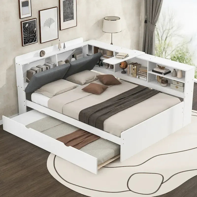 Wooden Storage Daybed Frame, Modern Platform Bed with Trundle & Upholstered Headboard & Shelves, No Box Spring Needed
