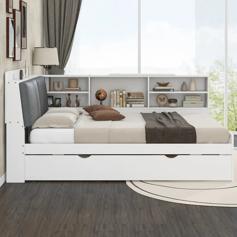 Wooden Storage Daybed Frame, Modern Platform Bed with Trundle & Upholstered Headboard & Shelves, No Box Spring Needed