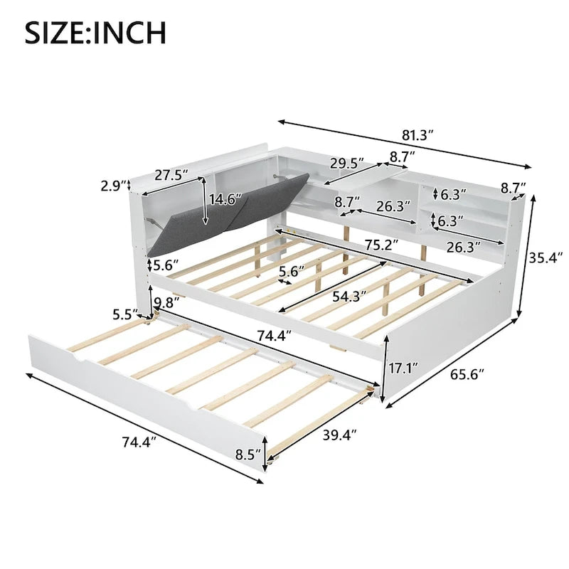 Wooden Storage Daybed Frame, Modern Platform Bed with Trundle & Upholstered Headboard & Shelves, No Box Spring Needed