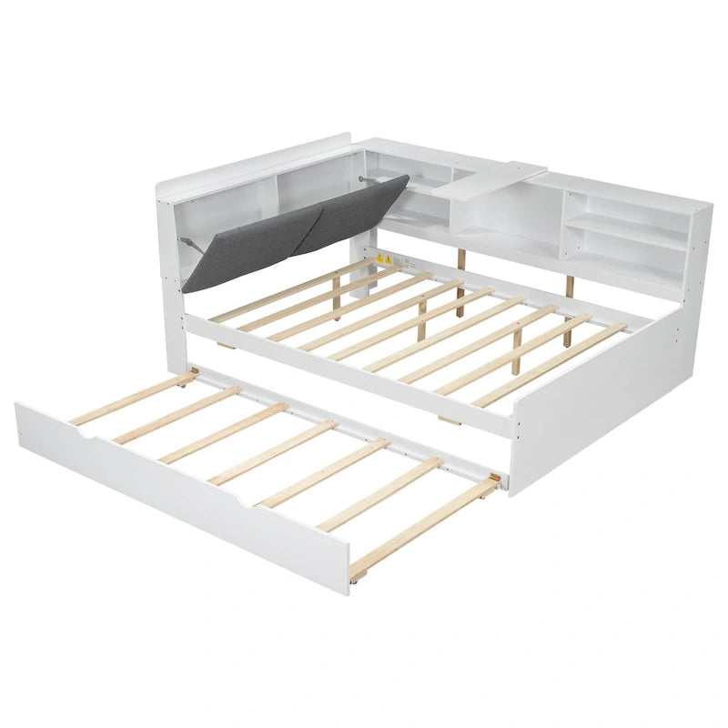Wooden Storage Daybed Frame, Modern Platform Bed with Trundle & Upholstered Headboard & Shelves, No Box Spring Needed