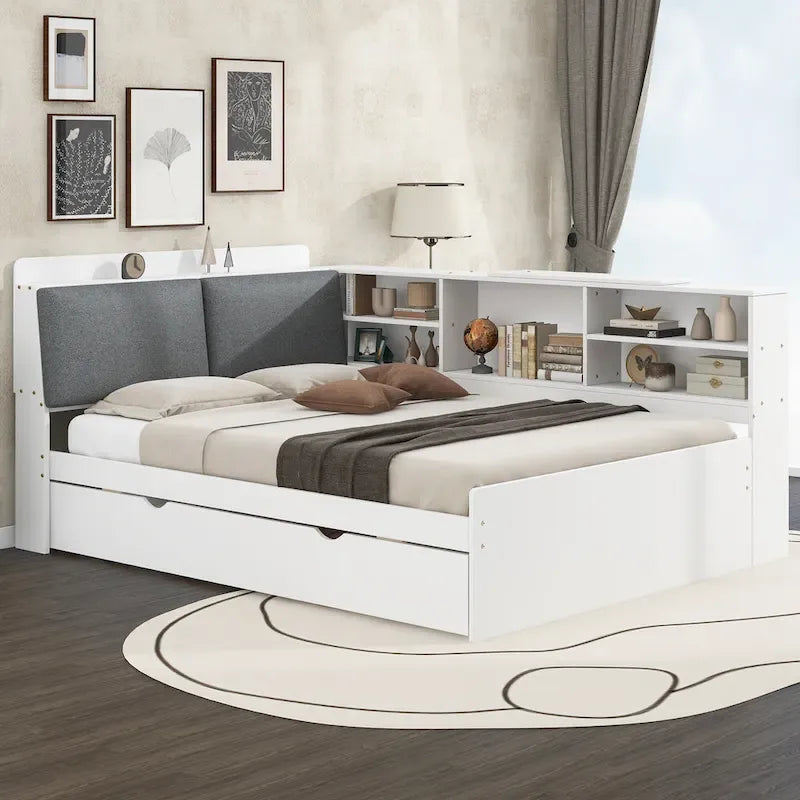 Wooden Storage Daybed Frame, Modern Platform Bed with Trundle & Upholstered Headboard & Shelves, No Box Spring Needed