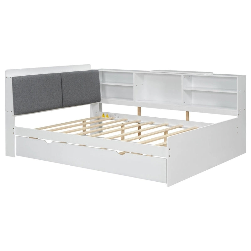 Wooden Storage Daybed Frame, Modern Platform Bed with Trundle & Upholstered Headboard & Shelves, No Box Spring Needed