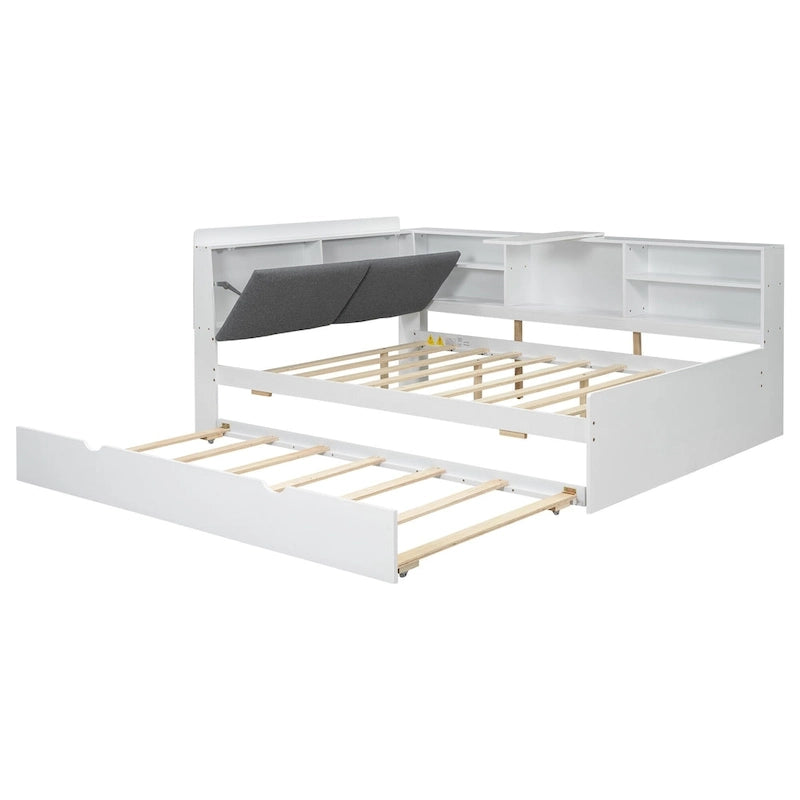 Wooden Storage Daybed Frame, Modern Platform Bed with Trundle & Upholstered Headboard & Shelves, No Box Spring Needed