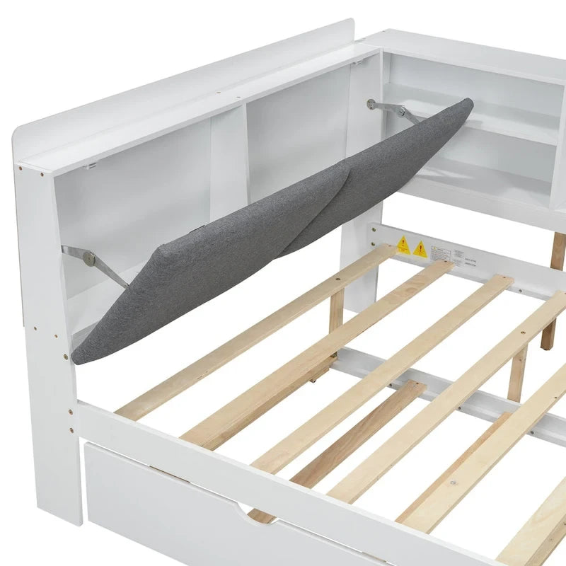 Wooden Storage Daybed Frame, Modern Platform Bed with Trundle & Upholstered Headboard & Shelves, No Box Spring Needed