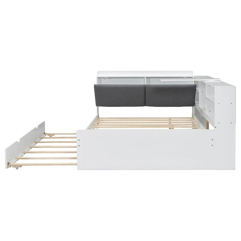 Wooden Storage Daybed Frame, Modern Platform Bed with Trundle & Upholstered Headboard & Shelves, No Box Spring Needed