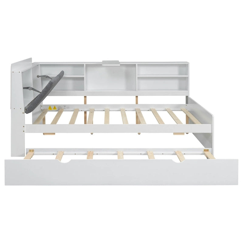 Wooden Storage Daybed Frame, Modern Platform Bed with Trundle & Upholstered Headboard & Shelves, No Box Spring Needed