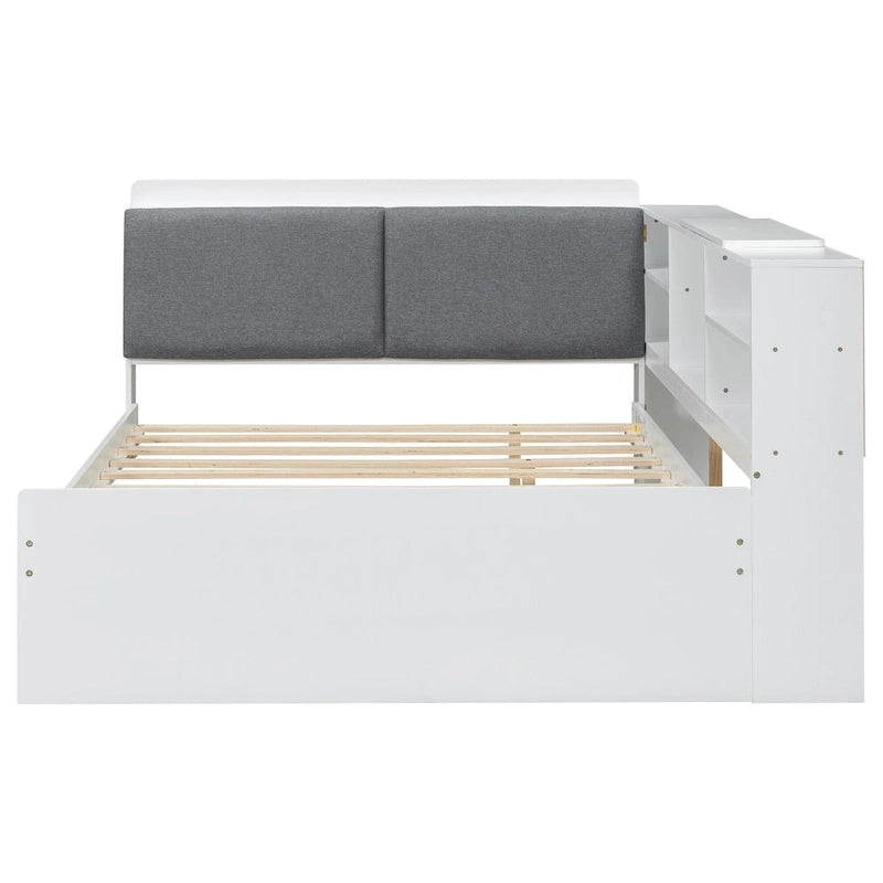 Wooden Storage Daybed Frame, Modern Platform Bed with Trundle & Upholstered Headboard & Shelves, No Box Spring Needed
