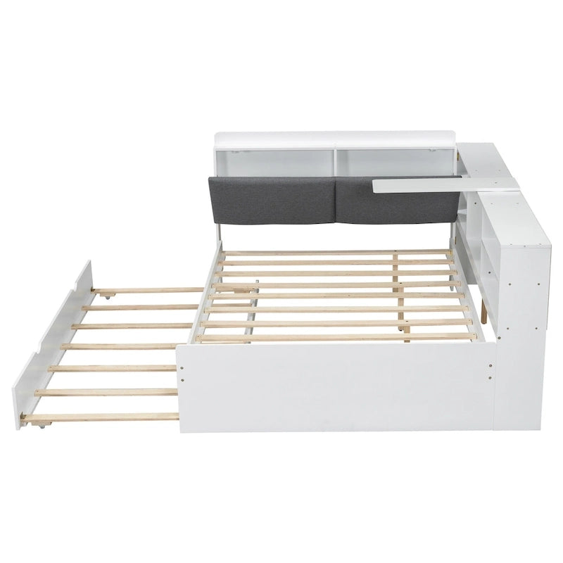 Wooden Storage Daybed Frame, Modern Platform Bed with Trundle & Upholstered Headboard & Shelves, No Box Spring Needed