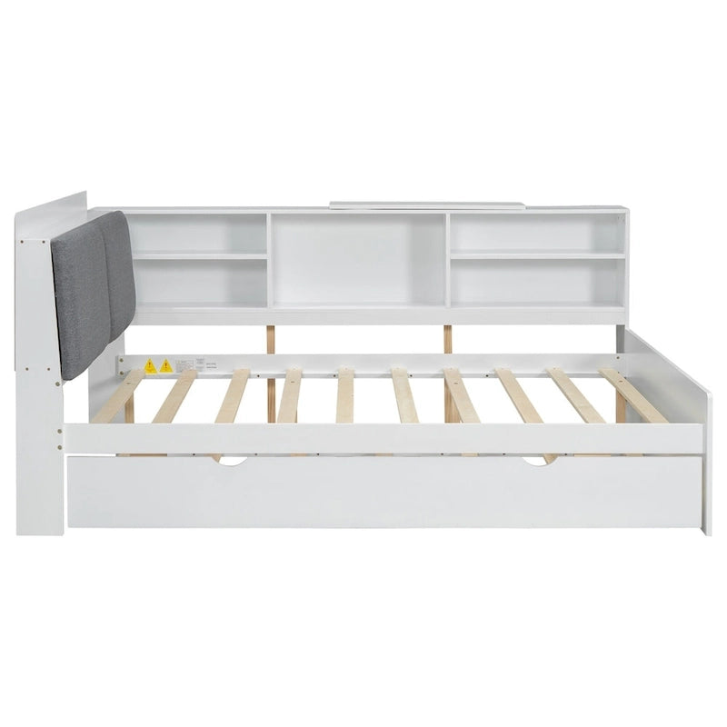 Wooden Storage Daybed Frame, Modern Platform Bed with Trundle & Upholstered Headboard & Shelves, No Box Spring Needed