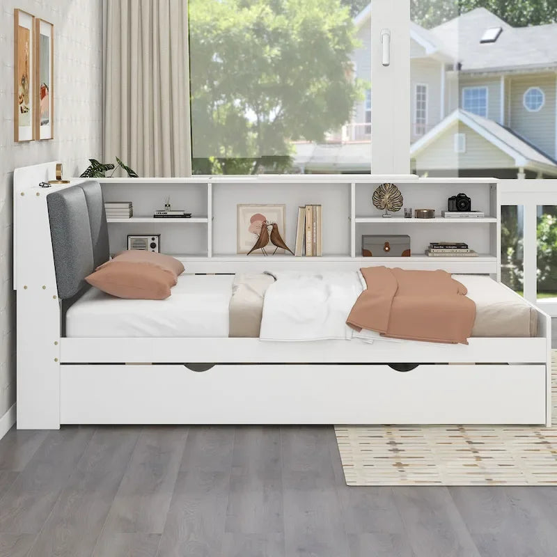 Wooden Storage Daybed Frame, Modern Platform Bed with Trundle & Upholstered Headboard & Shelves, No Box Spring Needed