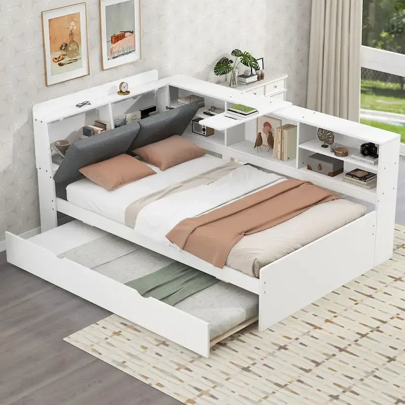 Wooden Storage Daybed Frame, Modern Platform Bed with Trundle & Upholstered Headboard & Shelves, No Box Spring Needed