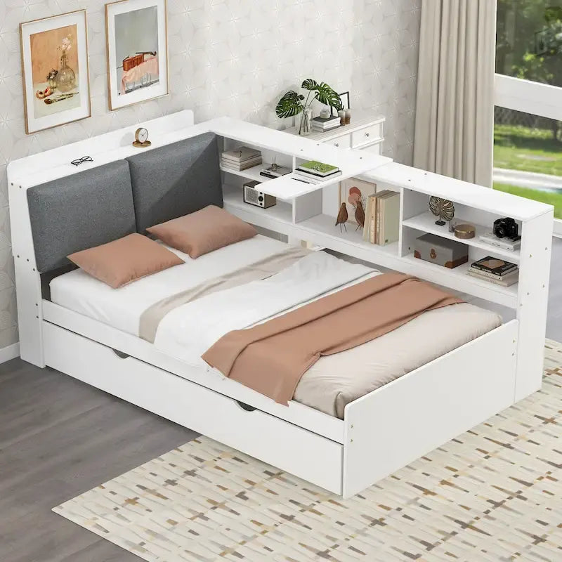 Wooden Storage Daybed Frame, Modern Platform Bed with Trundle & Upholstered Headboard & Shelves, No Box Spring Needed