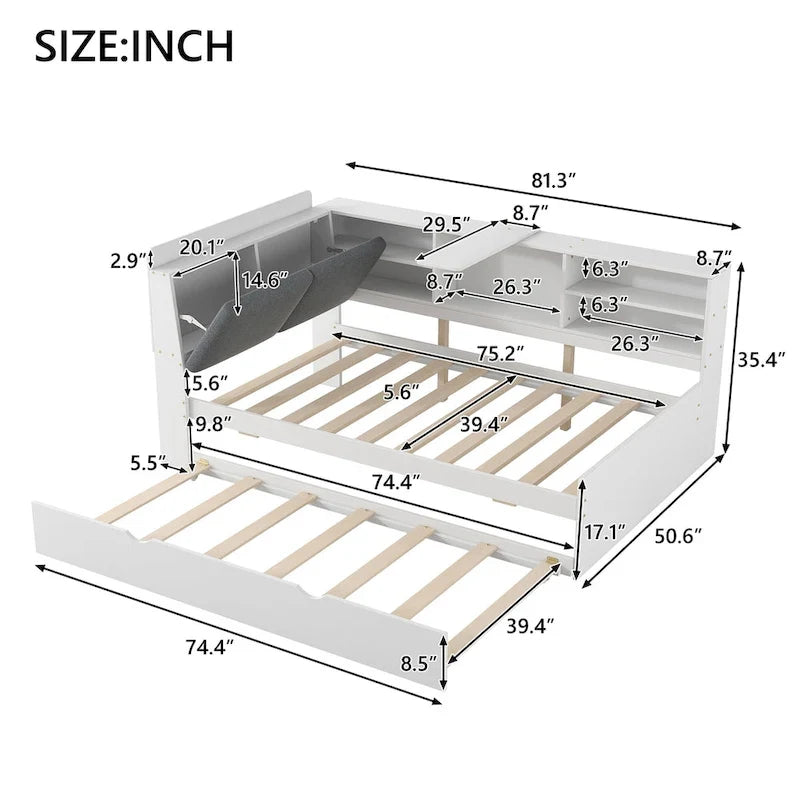 Wooden Storage Daybed Frame, Modern Platform Bed with Trundle & Upholstered Headboard & Shelves, No Box Spring Needed