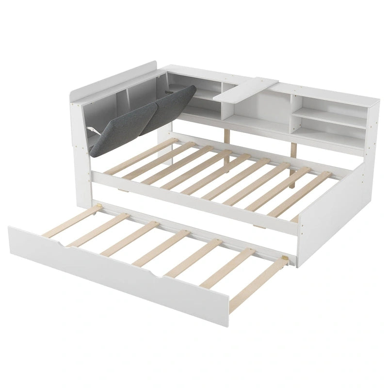 Wooden Storage Daybed Frame, Modern Platform Bed with Trundle & Upholstered Headboard & Shelves, No Box Spring Needed