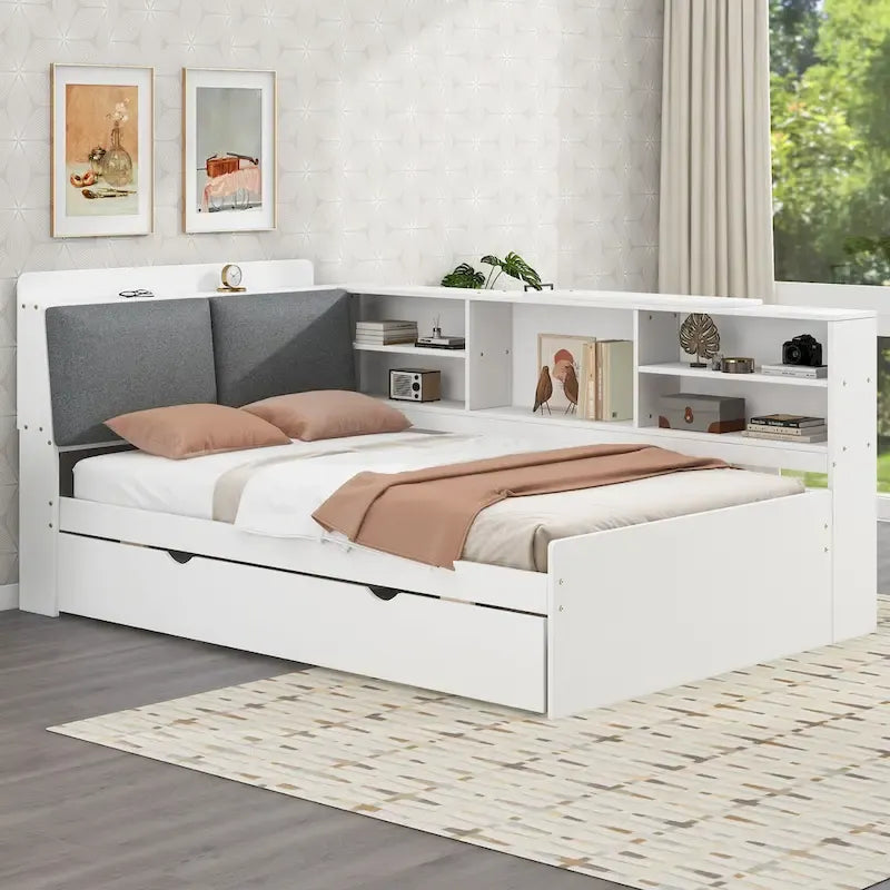 Wooden Storage Daybed Frame, Modern Platform Bed with Trundle & Upholstered Headboard & Shelves, No Box Spring Needed