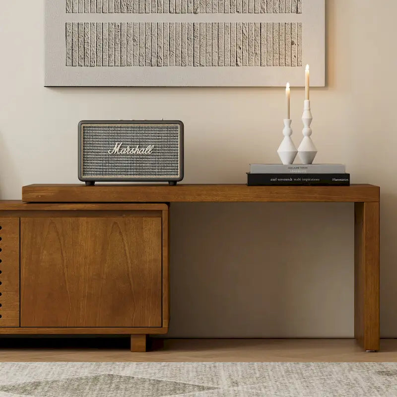 Mid Century Expandable TV Stand with 4 Storage Cabinets and Hollowout Door for Living Room Entertainment Center