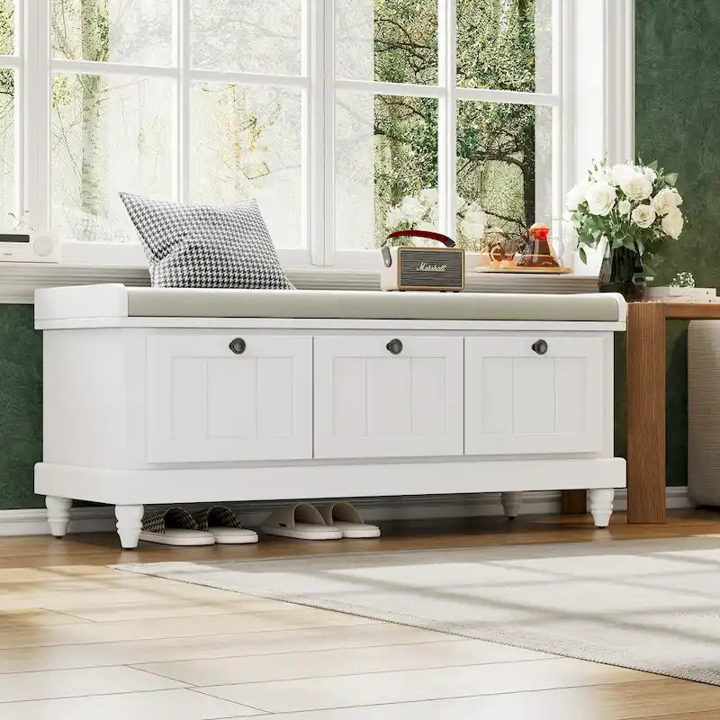 Classic Fluted Shoe Bench with Cushion & 3 Drawers