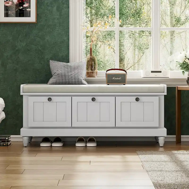 Classic Fluted Shoe Bench with Cushion & 3 Drawers