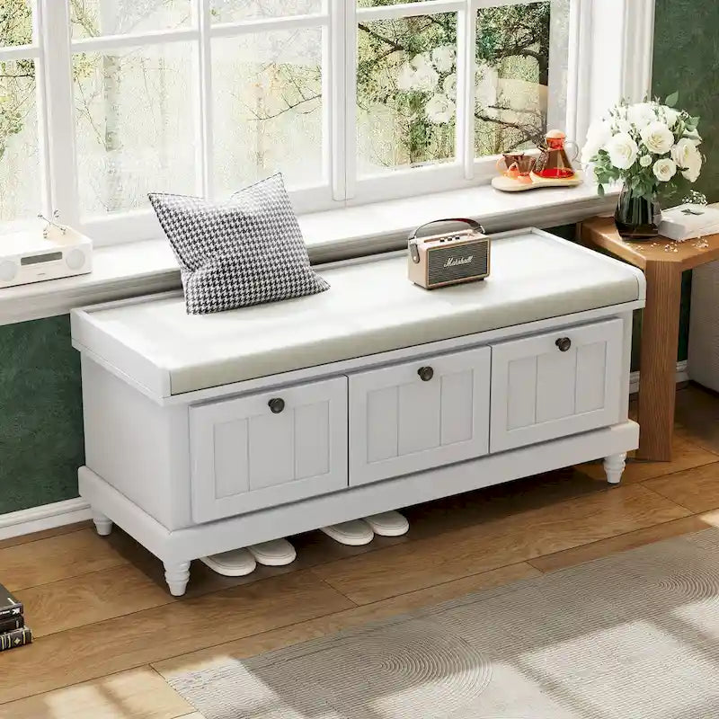 Classic Fluted Shoe Bench with Cushion & 3 Drawers