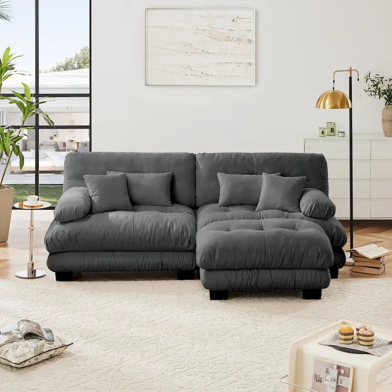 L Shaped Loveseat Sofa Chenille Sectional Couch with Lumbar Pillows