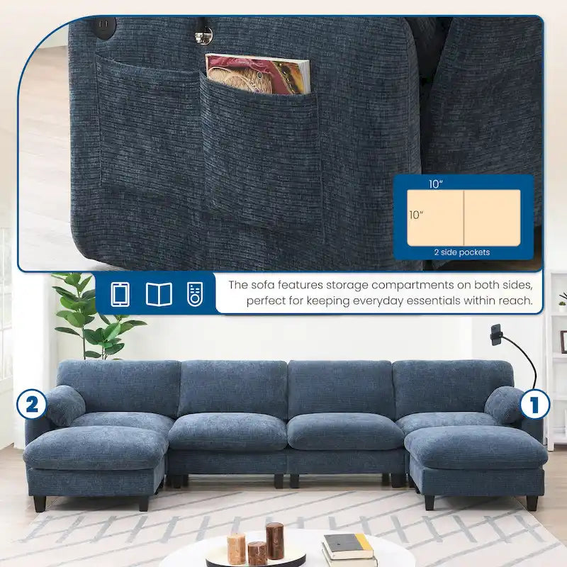 U-Shaped Sectional Sofa Indoor Chaise Lounge w/ USB & Type-C Charger