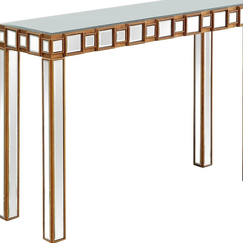 Gold Mirrored Rectangular Console Table and Four-Leg Glass Base - 43  L x 14  W x 31  H