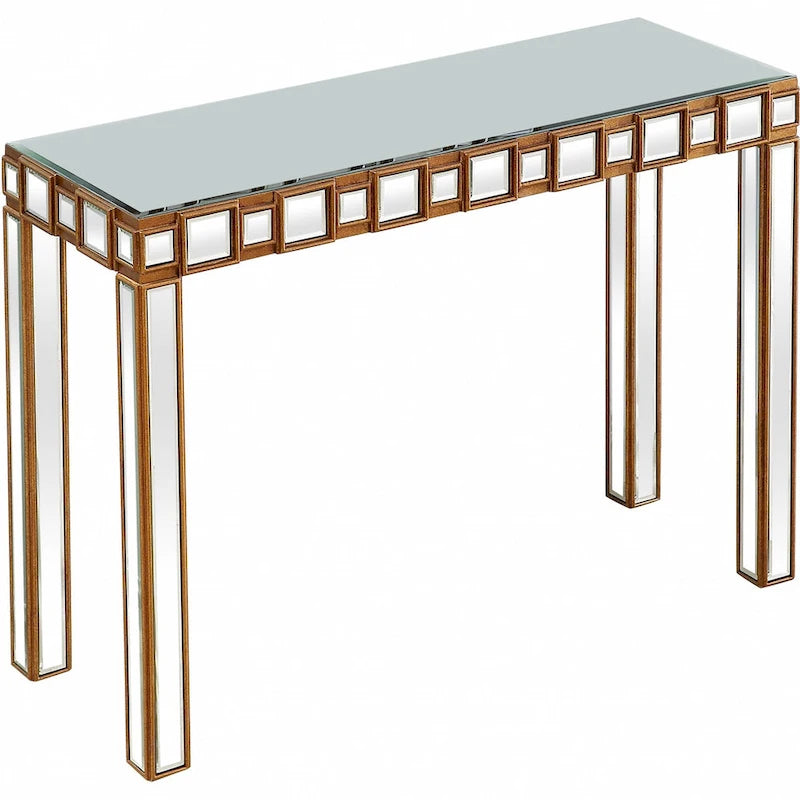 Gold Mirrored Rectangular Console Table and Four-Leg Glass Base - 43  L x 14  W x 31  H