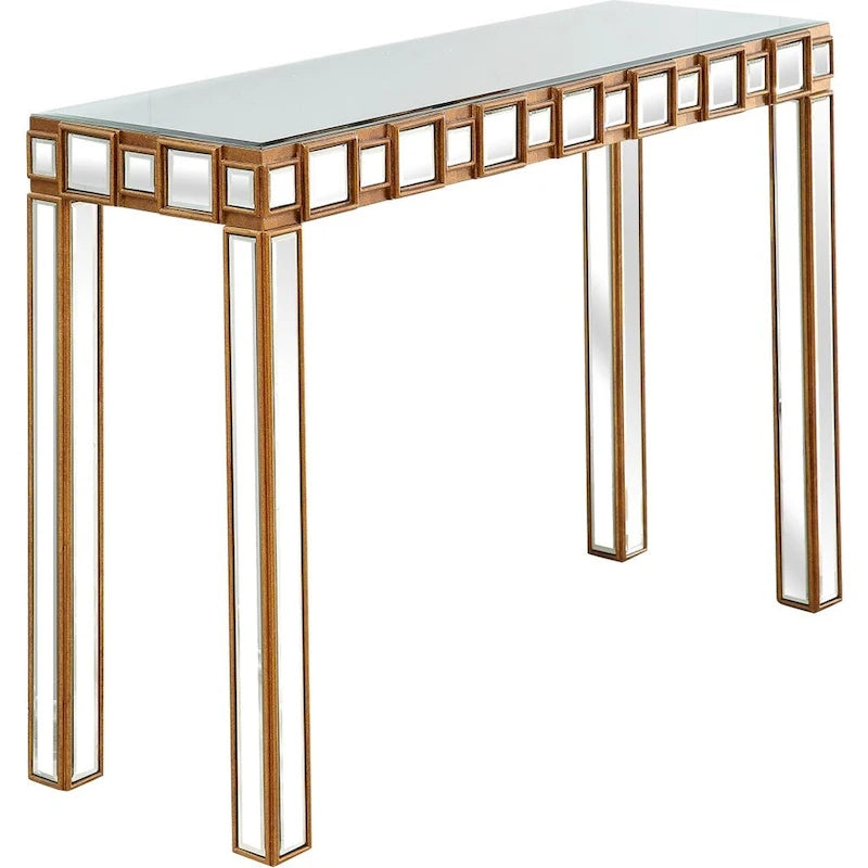 Gold Mirrored Rectangular Console Table and Four-Leg Glass Base - 43  L x 14  W x 31  H