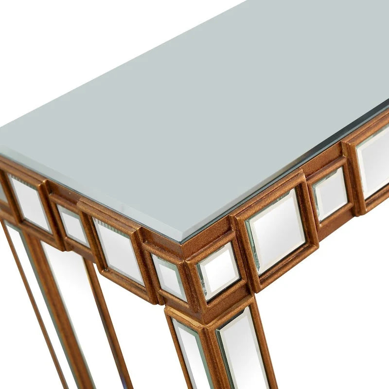 Gold Mirrored Rectangular Console Table and Four-Leg Glass Base - 43  L x 14  W x 31  H