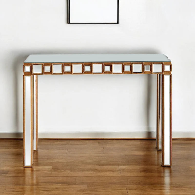 Gold Mirrored Rectangular Console Table and Four-Leg Glass Base - 43  L x 14  W x 31  H