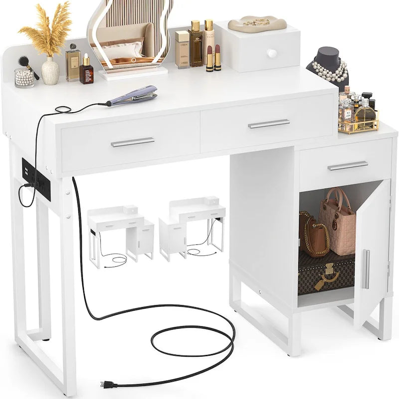 Vanity Desk with 4 Storage Drawers,Modern Makeup Vanity Table with Charging Station