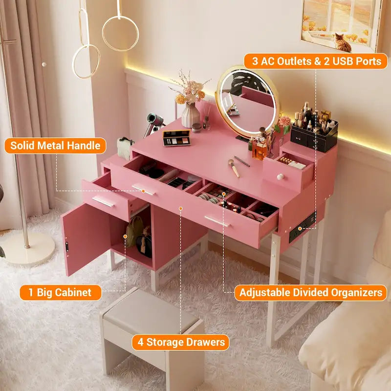 Vanity Desk with 4 Storage Drawers,Modern Makeup Vanity Table with Charging Station