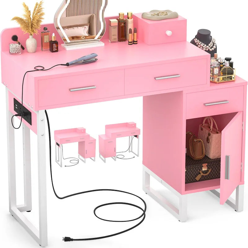 Vanity Desk with 4 Storage Drawers,Modern Makeup Vanity Table with Charging Station