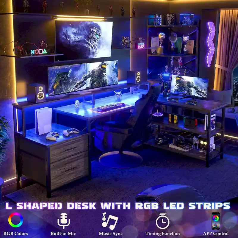 Reversible L Shaped Computer Desk with File Drawer  Long Monitor Stand  Charging Station & RGB LED Strips